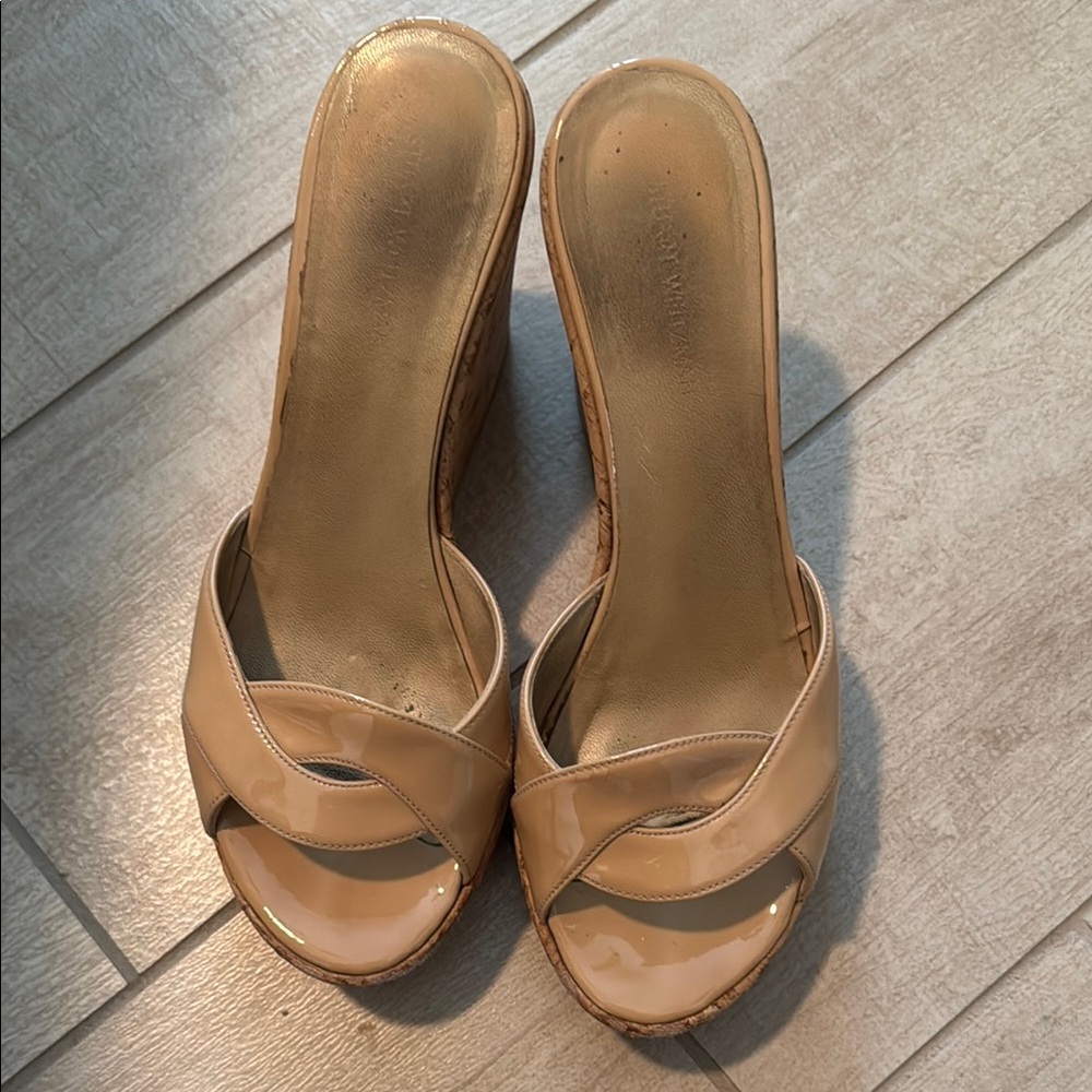 Stuart Weitzman Cream Wedge Sandals with Criss-Cross Design